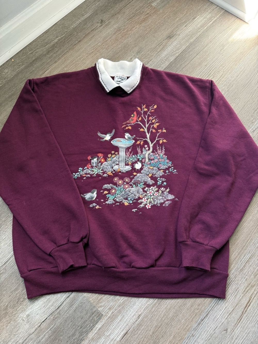 VTG JERZEES Grandma Bird Sweater Retro Cottage Core Burgundy White Size L